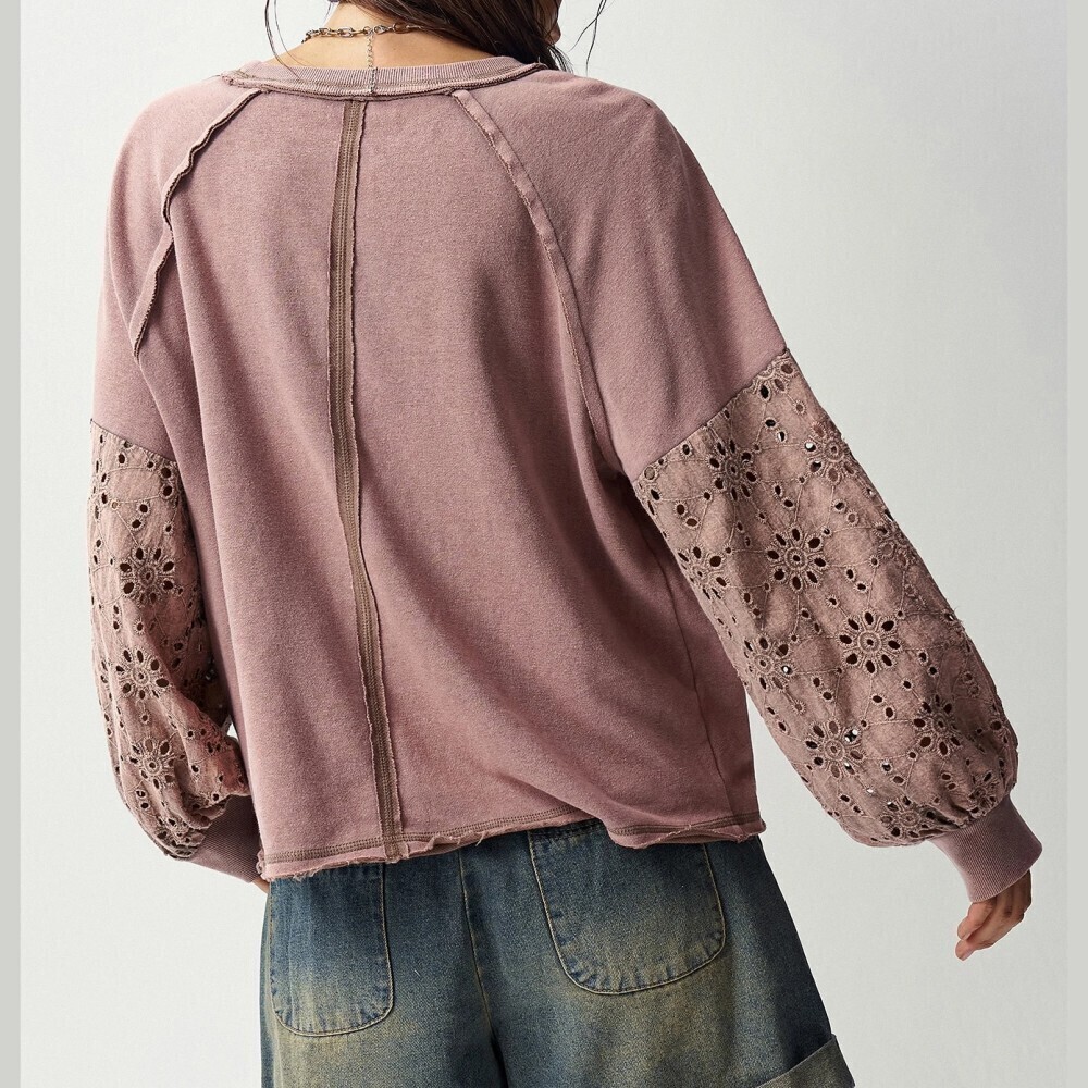 Mauve Crochet Floral Applique Eyelet Lace Sleeve Oversized Sweatshirt - Picture 7 of 8